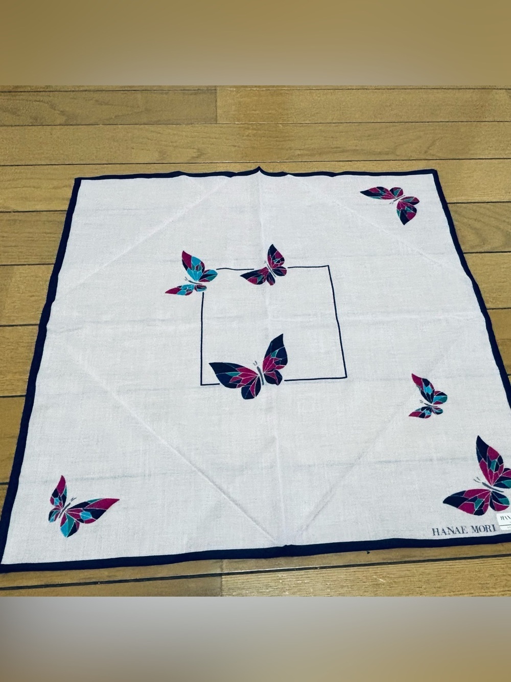 Hanae Mori Blush Pink/Multicolor Butterfly   Cotton Handkerchief/Badana/Scarf